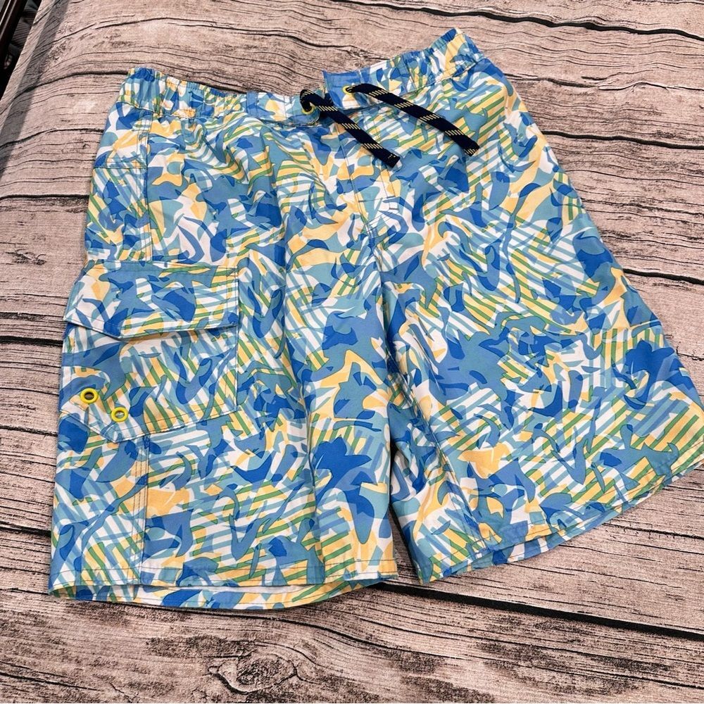 L.L. Bean Blue and Yellow Board Shorts Swim Trunks With Mesh Lining Size 8
